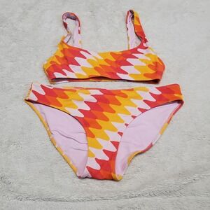 Aerie Pink Orange Yellow Wavy 2 piece Bikini Swimsuit Top Small Bottom Large Set